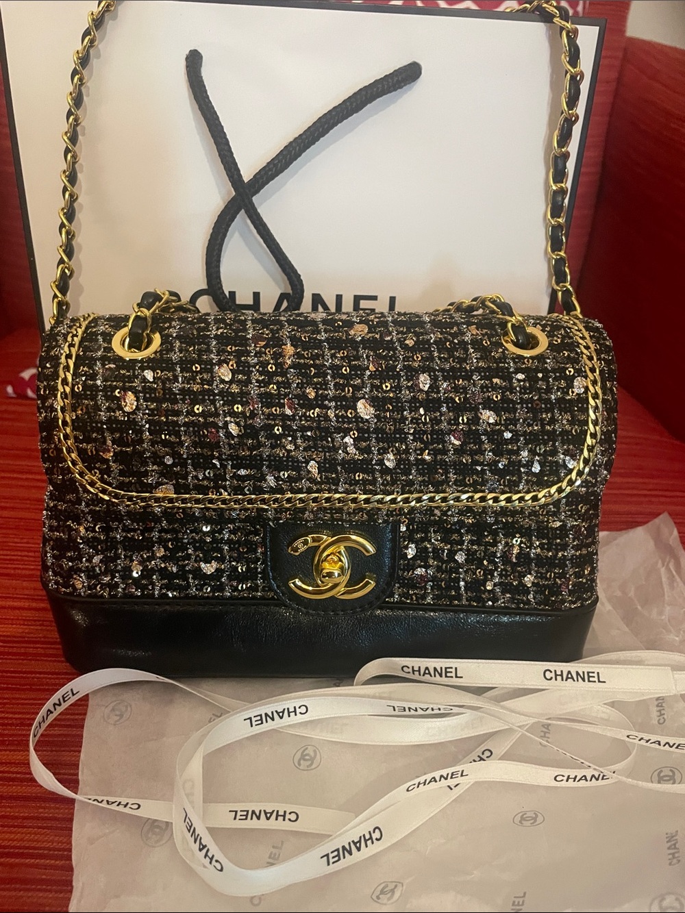 VIP Black Tweed & Leather Shoulder Flap Bag with Gold Hardware